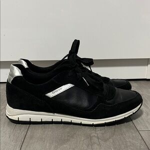 Geox Respira Black Leather Suede Sneakers with Metallic Grey Accent, Size 8
